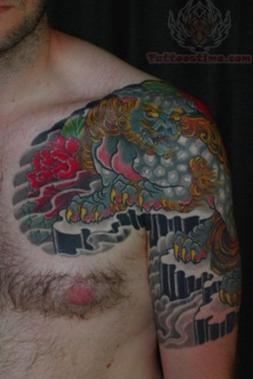 Asian Foo Dog Tattoo On Shoulder